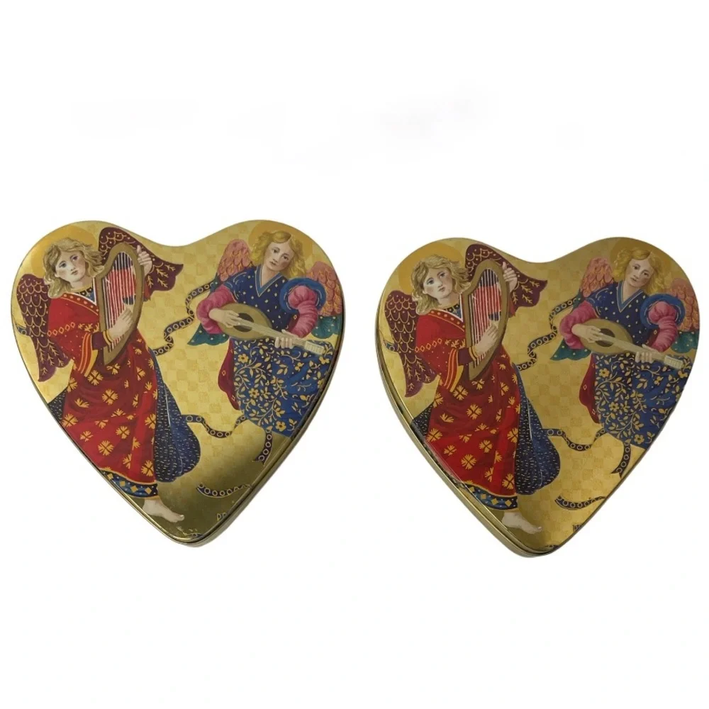 Vintage Tins Angels Heart Victorian Angel Harp Cherubs Keepsake Box Cookie Gold